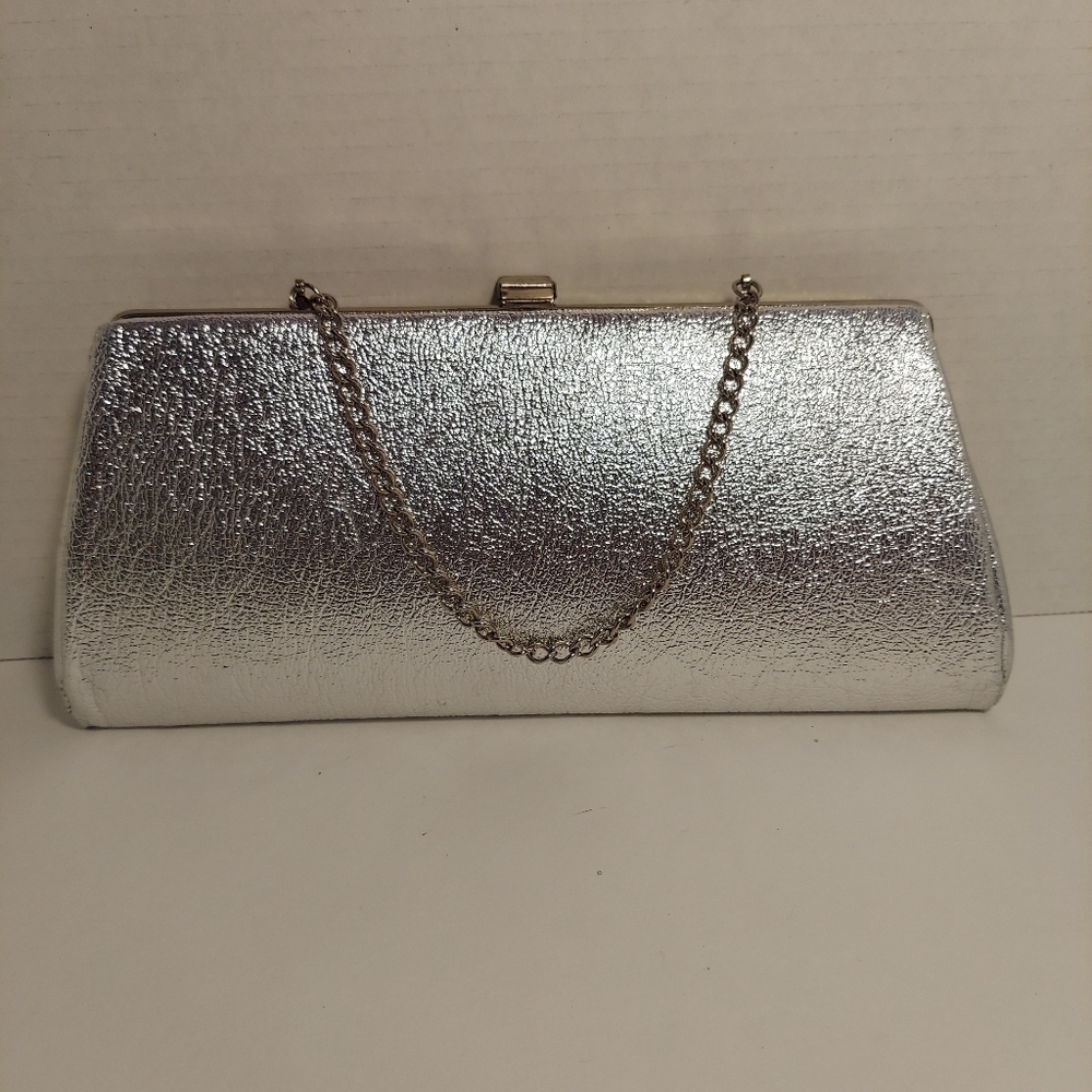 Vintage Silver Metallic + Glitter Clutch Evening Bag Purse Cocktail Prom Formal - Picture 5 of 15